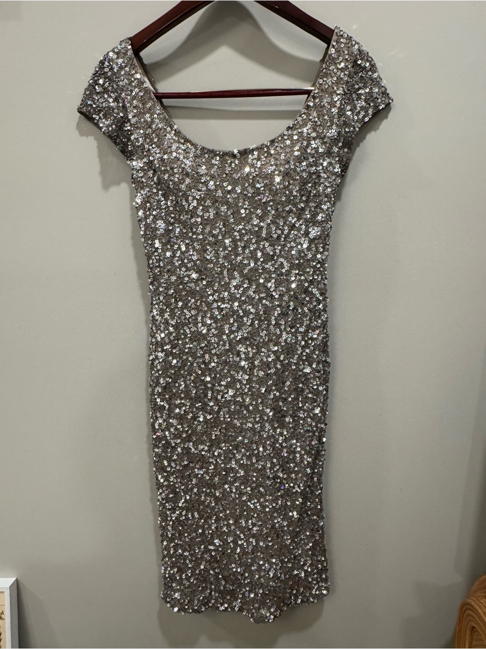 Vintage Scala | 100% Silk Sequin Beaded Sheath Dress Size 6 | Champagne Silver